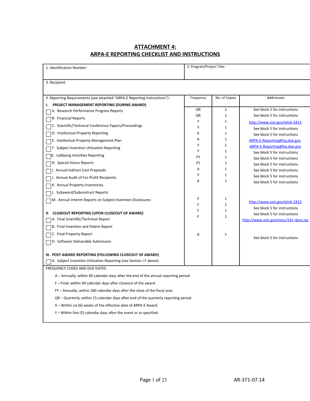 Arpa-E Reporting Checklist and Instructions