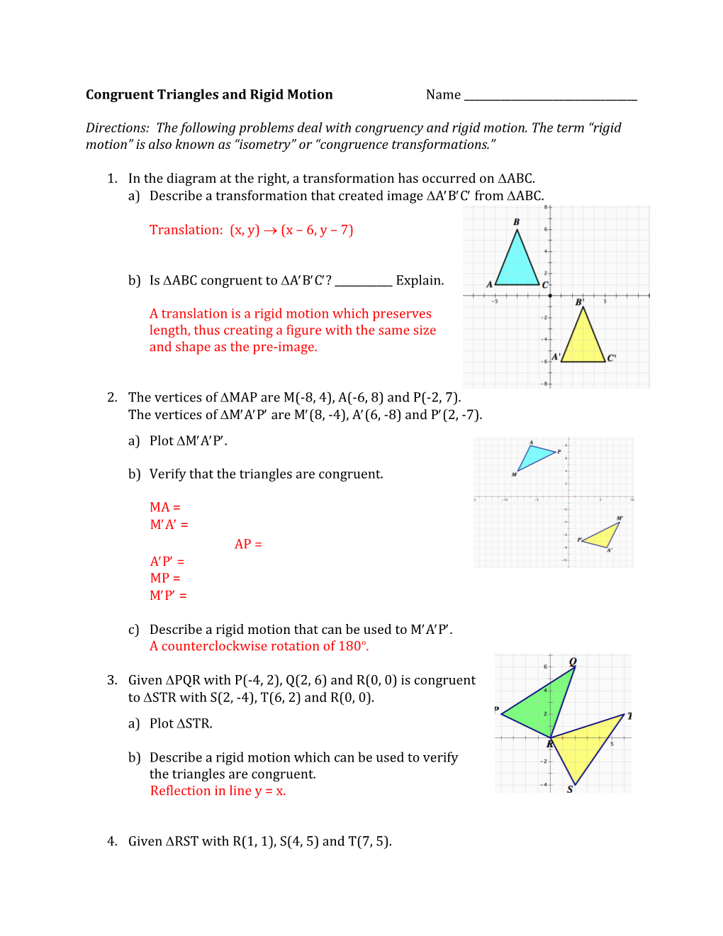 Congruent Triangles and Rigid Motion Name ______
