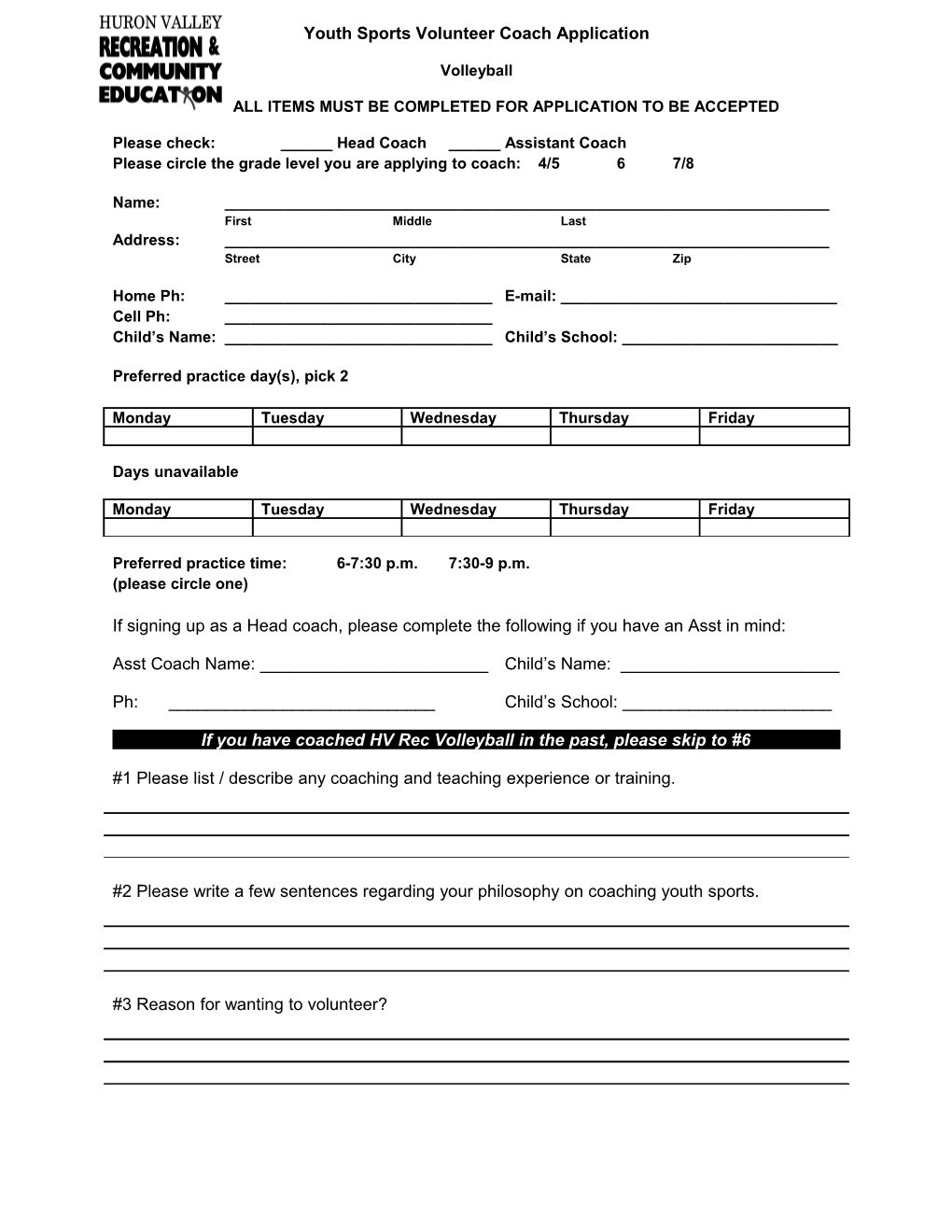 Youth Sports Volunteer Coach Application