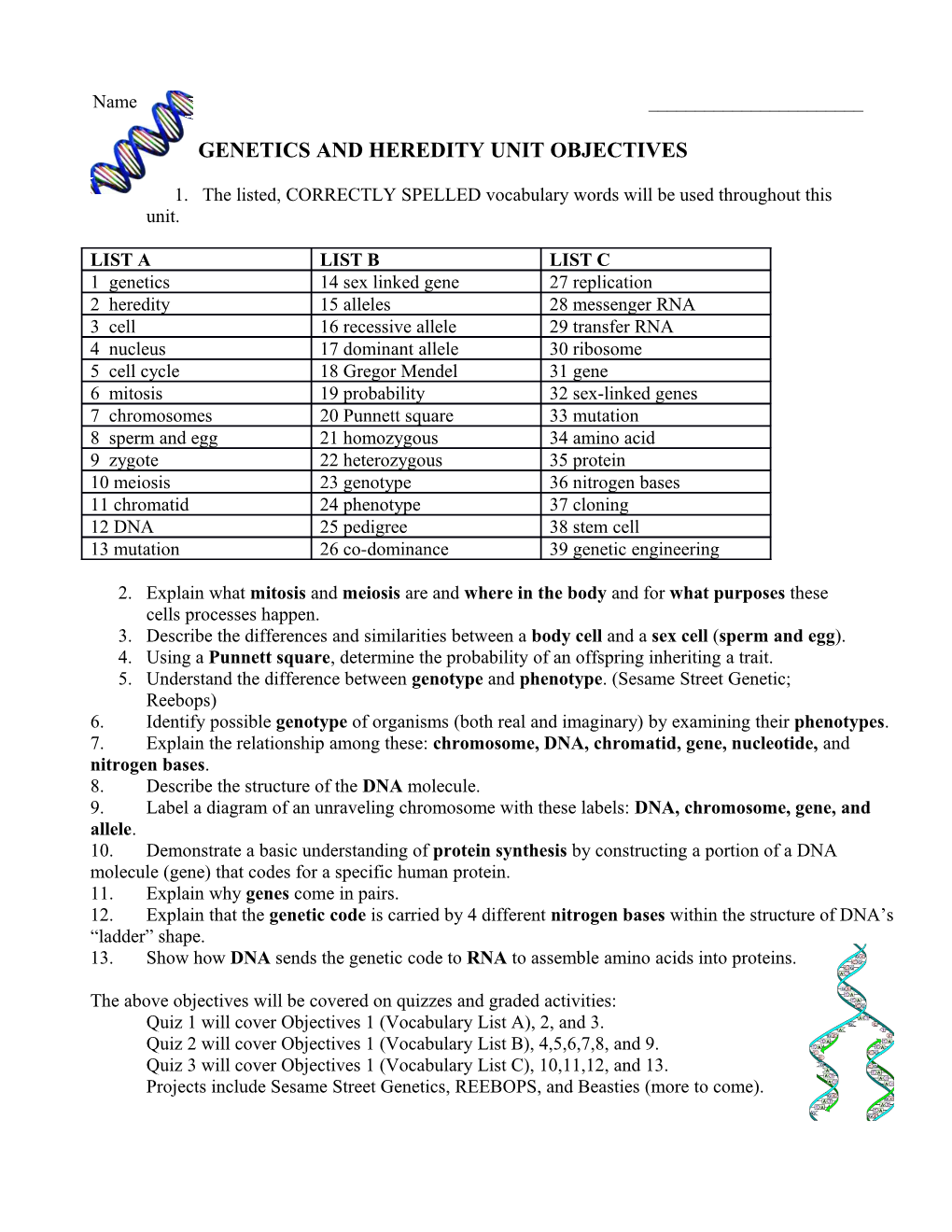Genetics and Heredity Unit Objectives