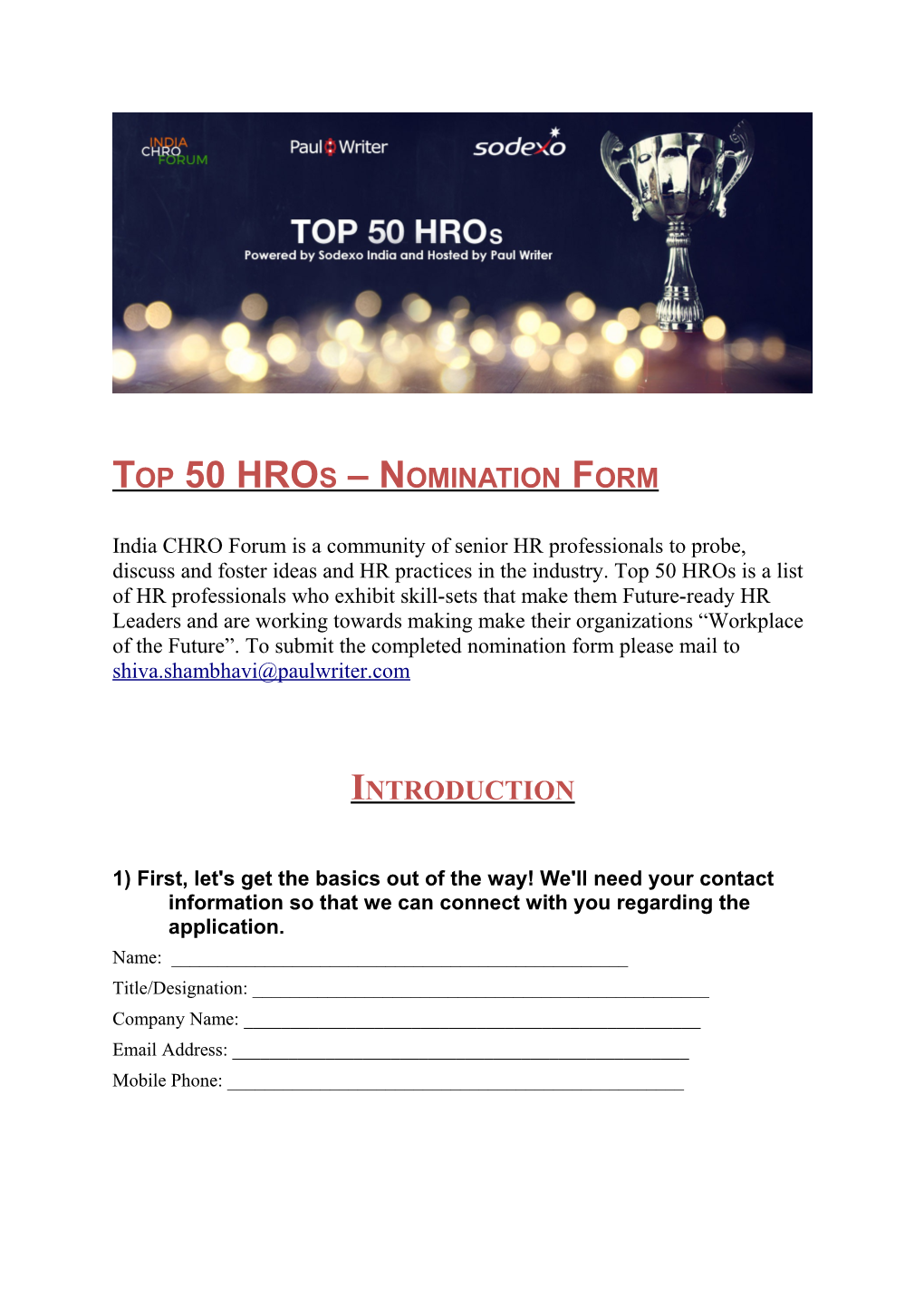 Top 50 Hros Nomination Form