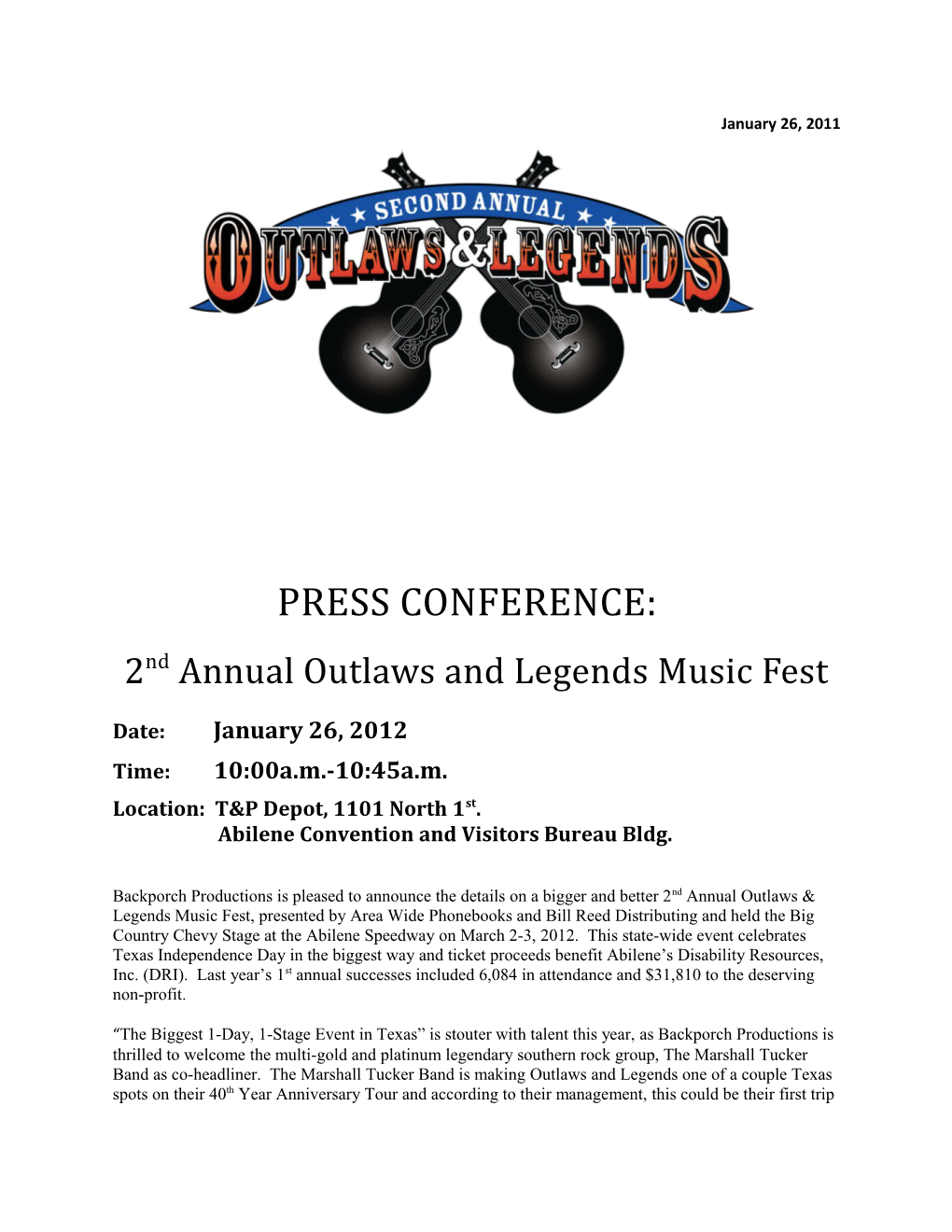 2Nd Annual Outlaws and Legends Music Fest
