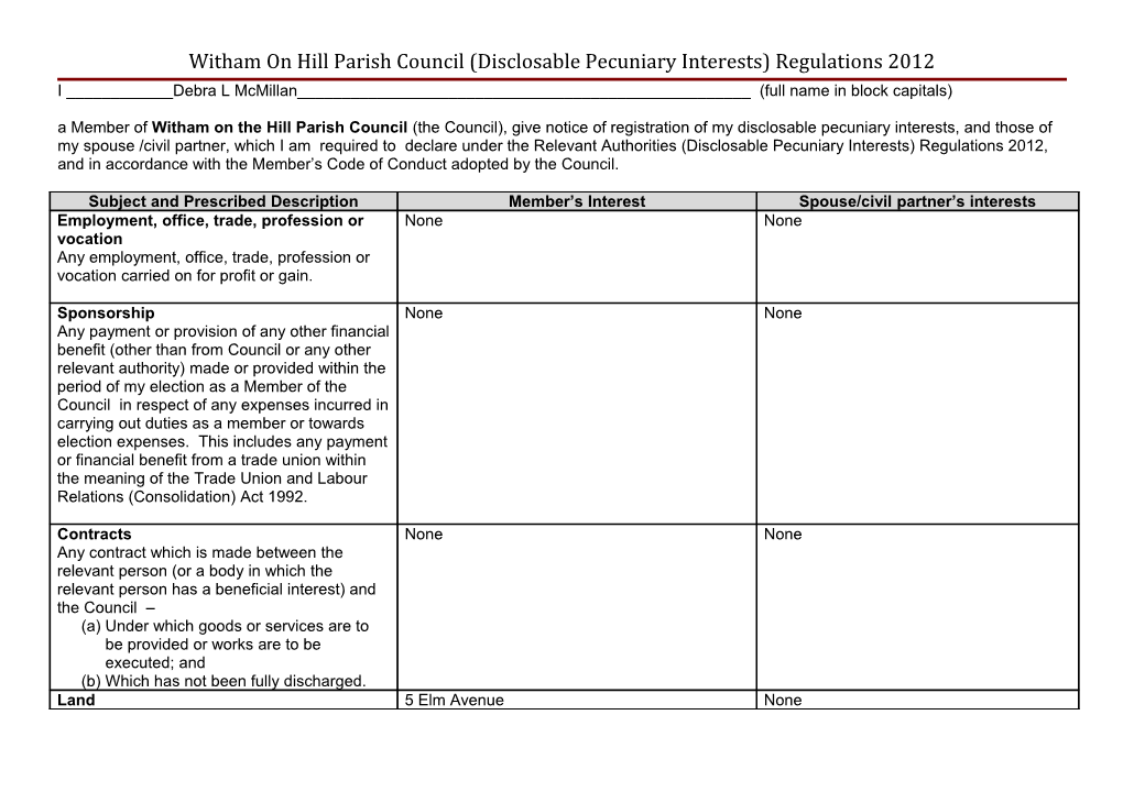 Witham on Hill Parish Council (Disclosable Pecuniary Interests) Regulatins 2012