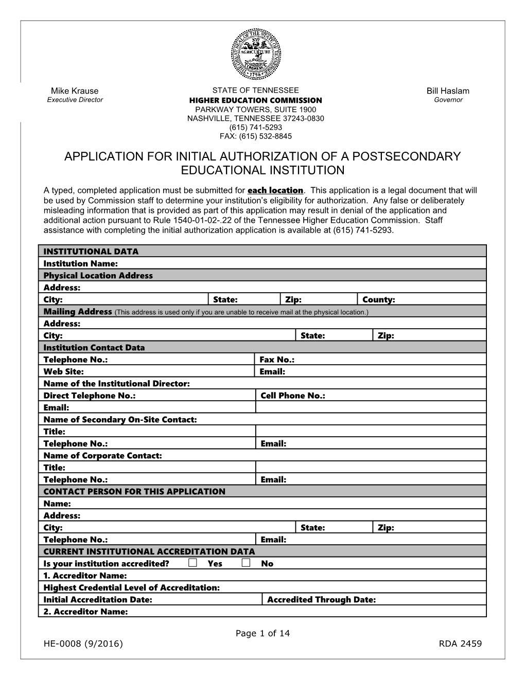 Application for Initial Authorizationof a Postsecondary Educational Institution