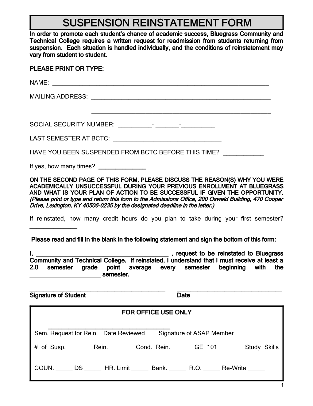 Suspension Reinstatement Form