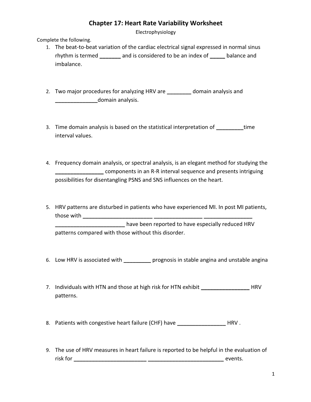 Chapter 17: Heart Rate Variability Worksheet