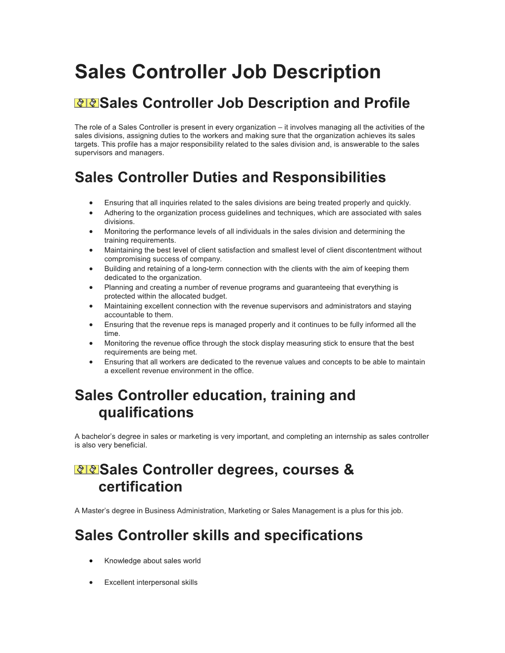 Sales Controller Job Description