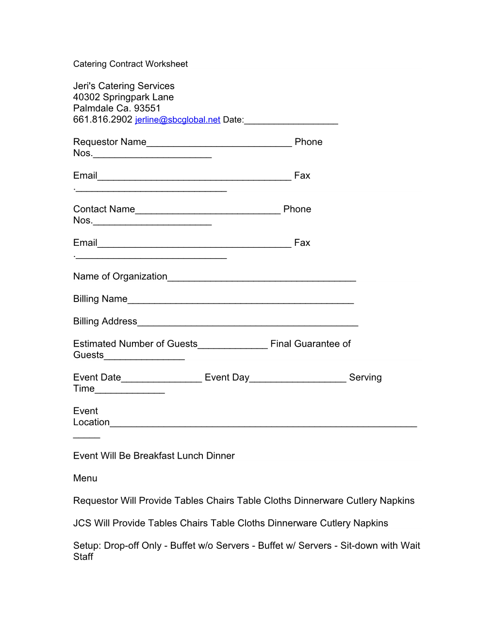 Catering Contract Worksheet