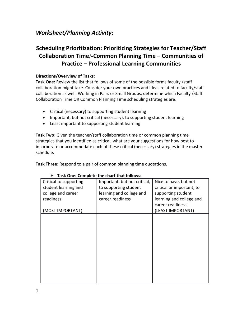 Worksheet/Planning Activity