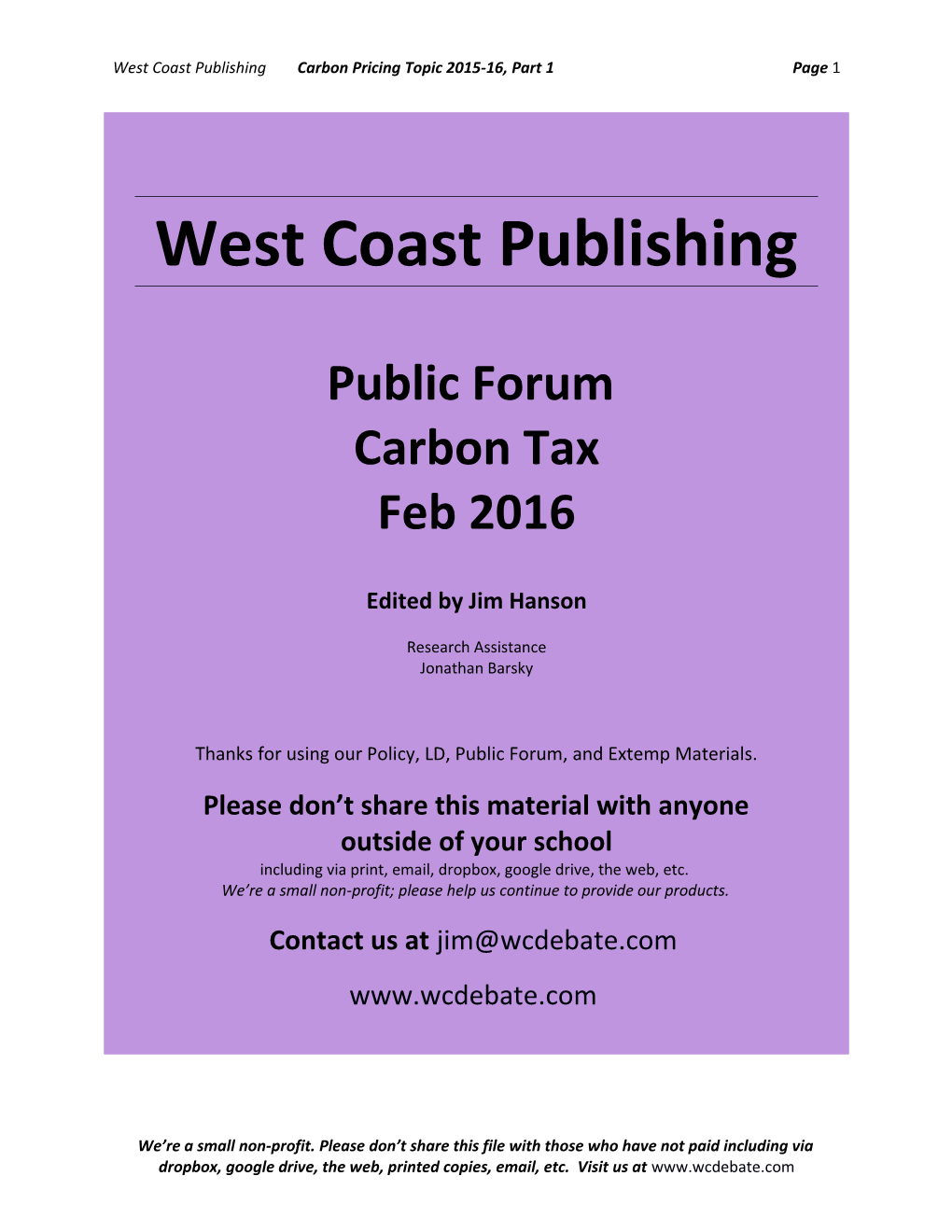 West Coast Publishing Carbon Pricing Topic 2015-16, Part 1 Page 2