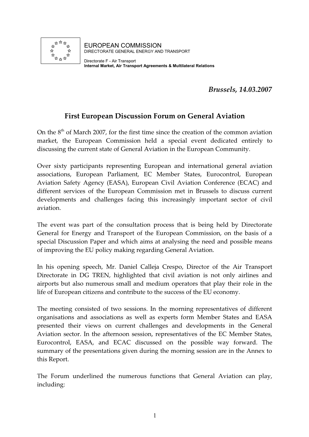 First European Discussion Forum on General Aviation