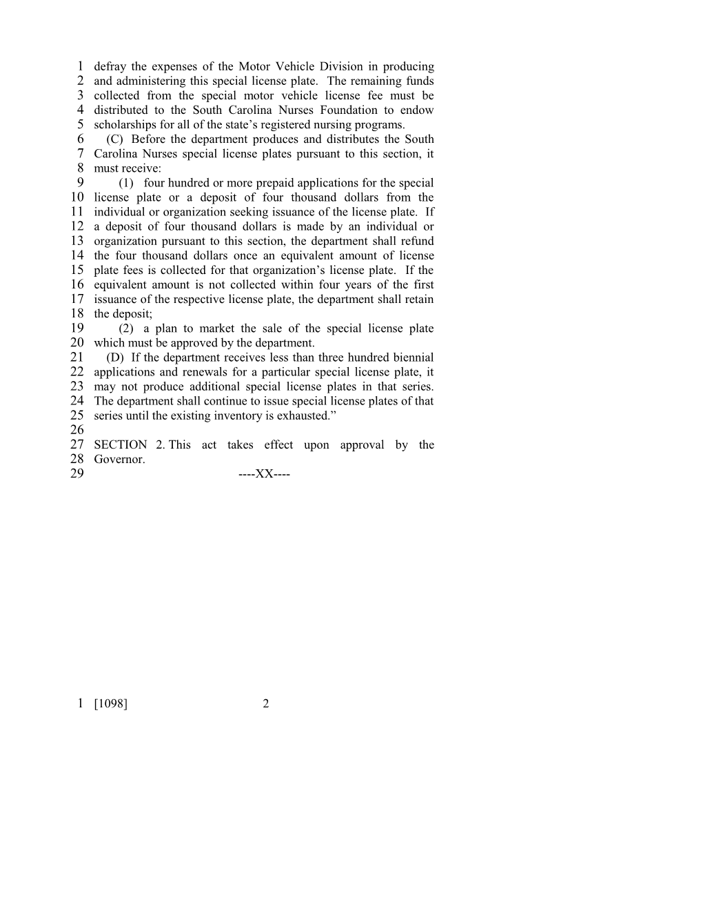 2001-2002 Bill 1098: Nurses Special License Plates - South Carolina Legislature Online