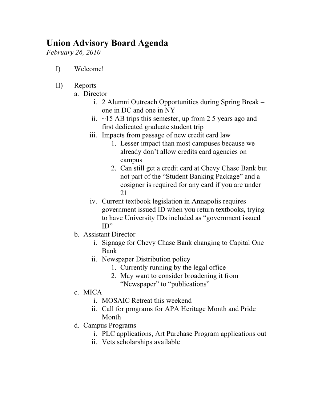 Union Advisory Board Agenda