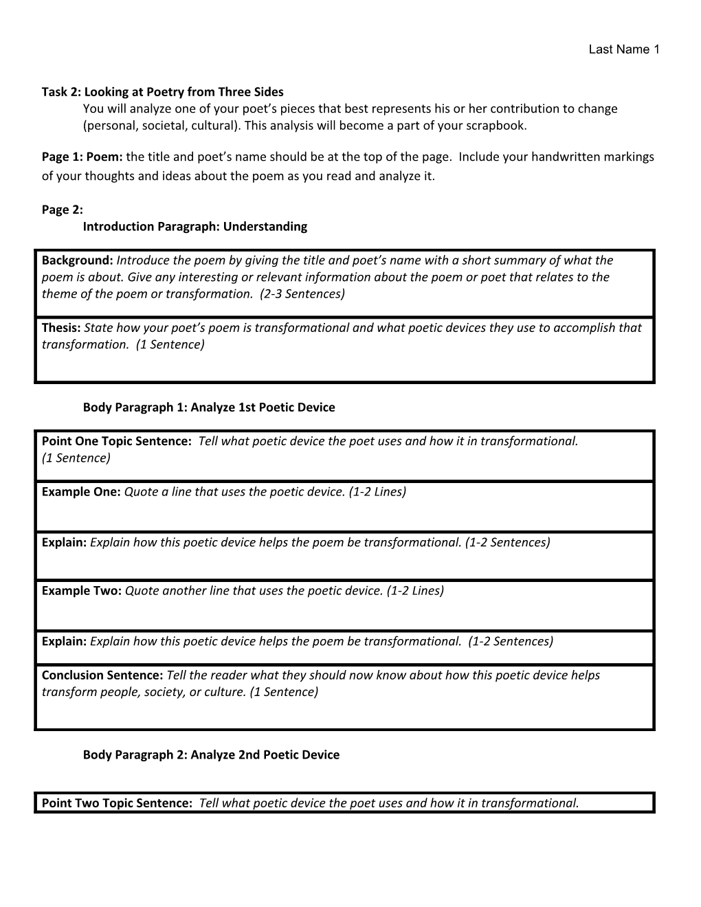 Task 2 Poem Analysis Essay Basic Template