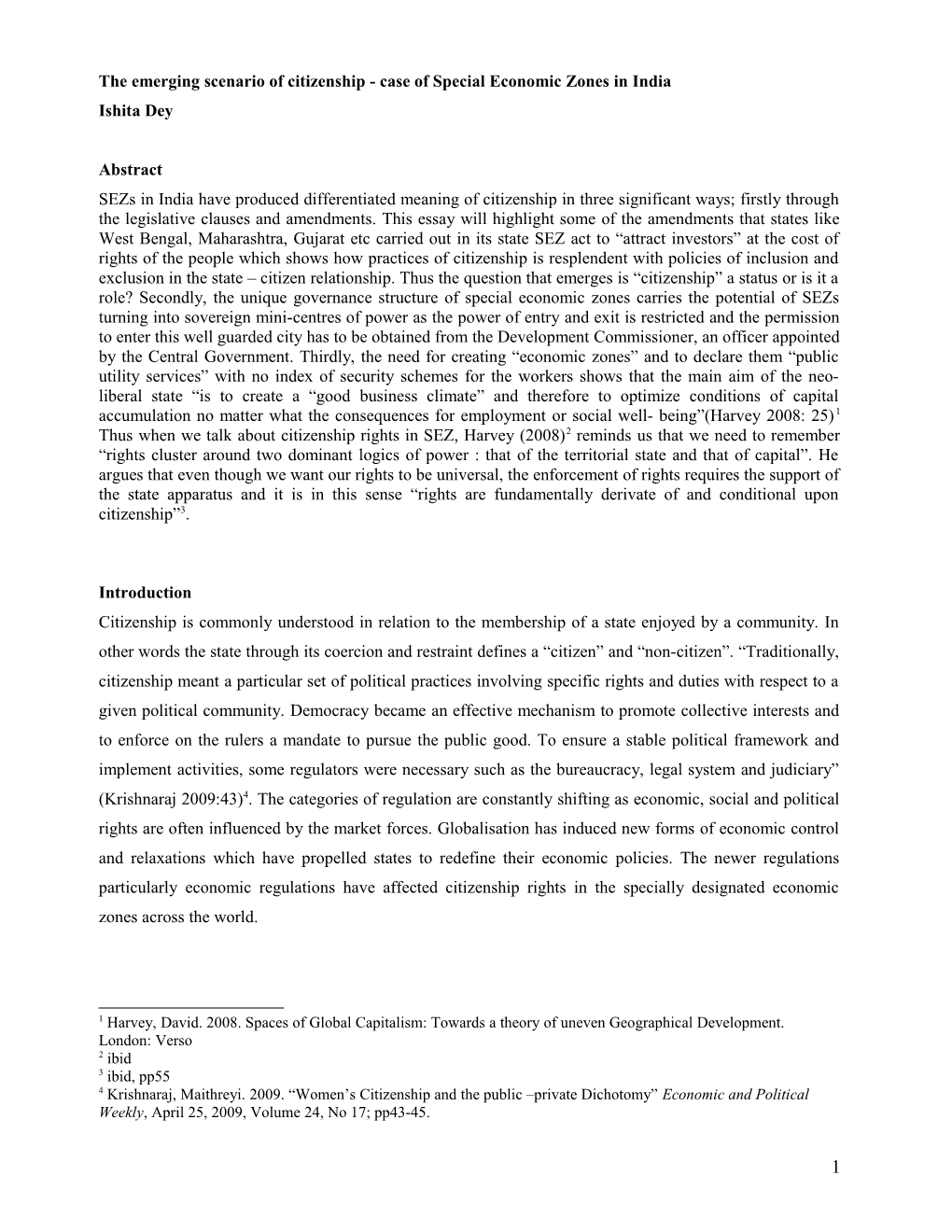 The Emerging Scenario of Citizenship - Case of Special Economic Zones in India