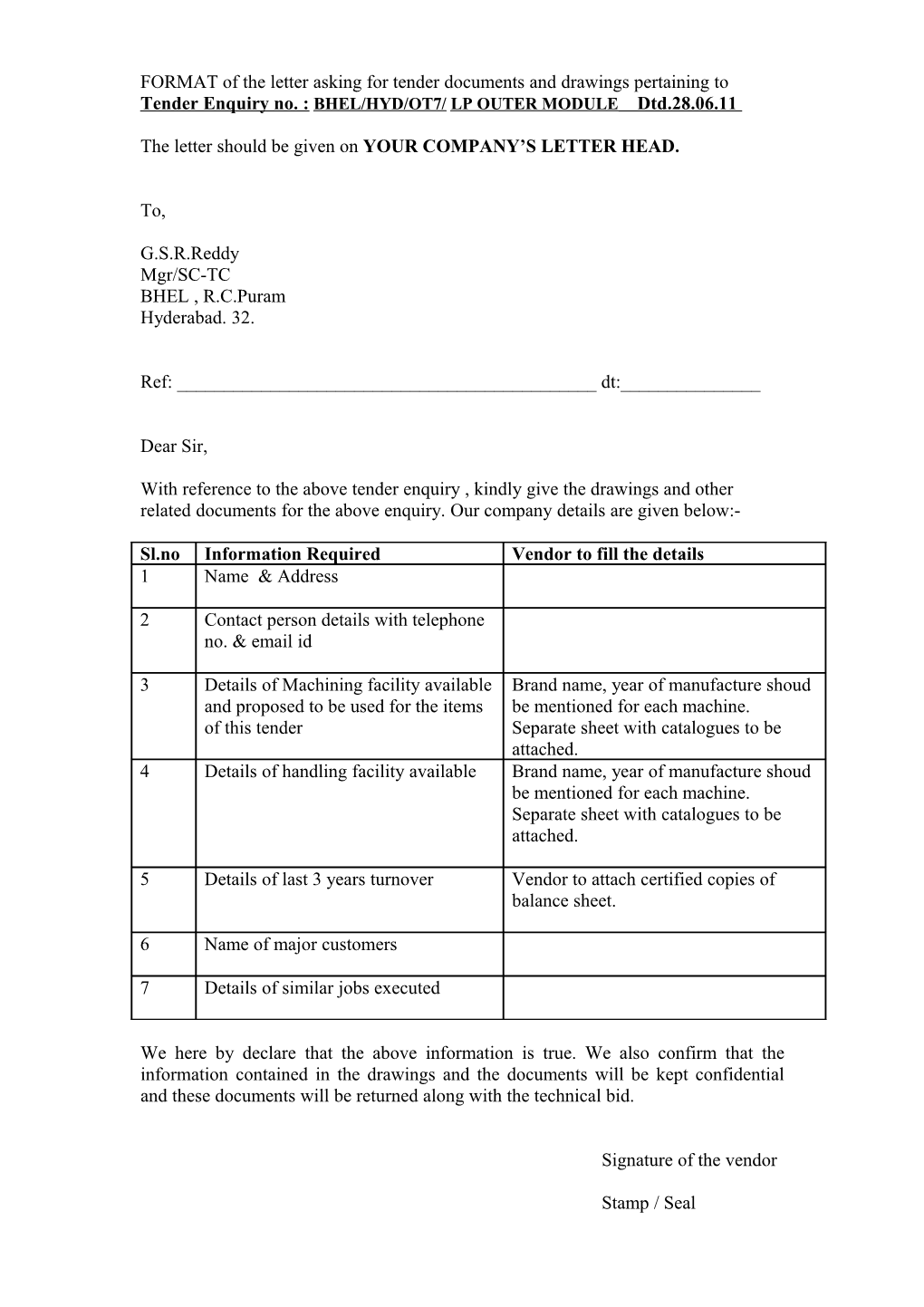 FORMAT of the Letter Asking for Tender Documents and Drawings Pertaining To