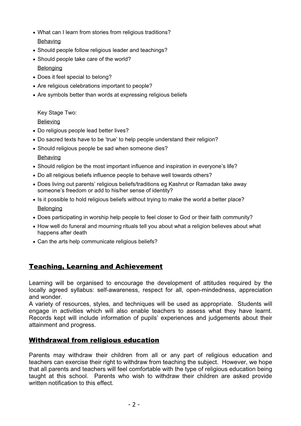 School Policy Statement for Religious Education