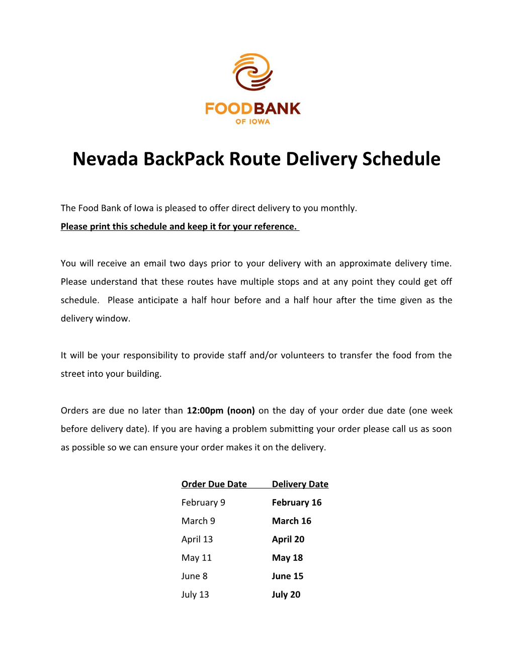 Nevada Backpack Route Delivery Schedule