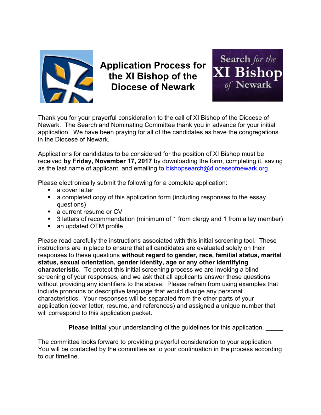 Application Process for the XI Bishop of the Diocese of Newark