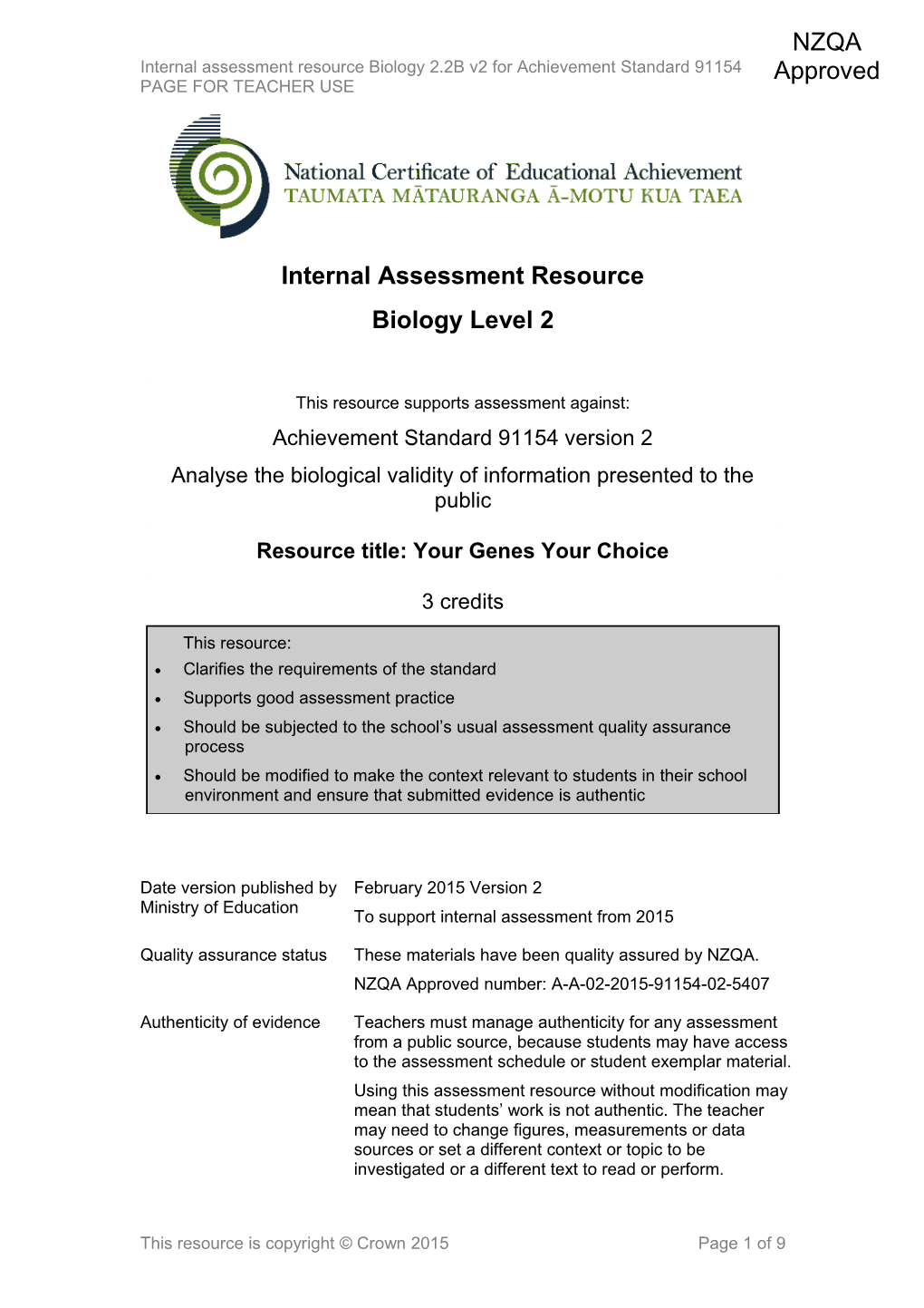 Level 2 Biology Internal Assessment Resource