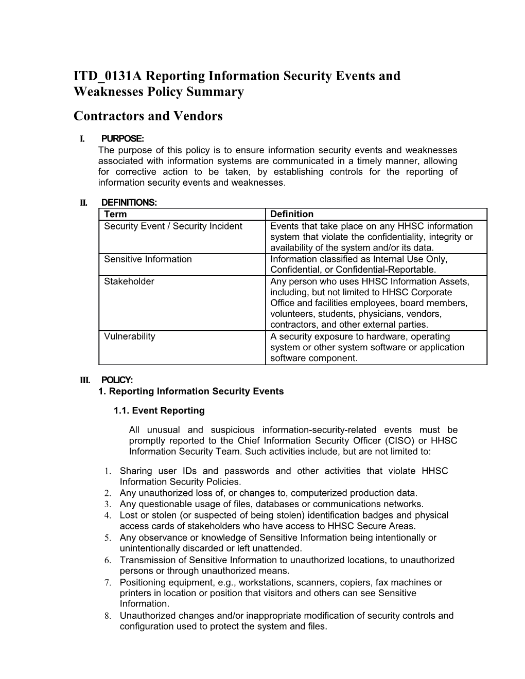 ITD 0131A Reporting Information Security Events and Weaknesses Policy Summary