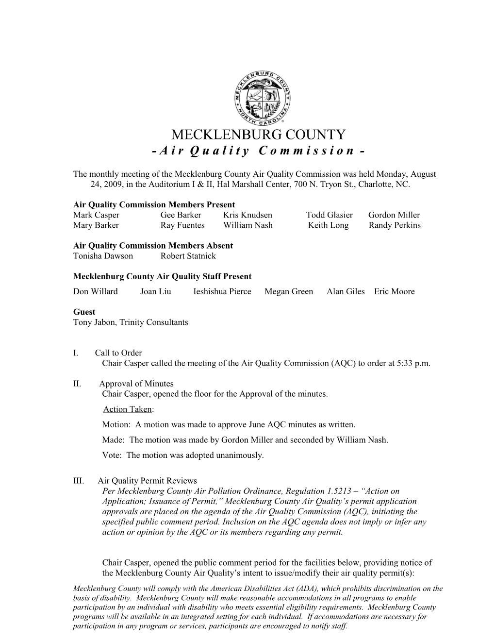 Air Quality Commission Summary Minutes August 2009