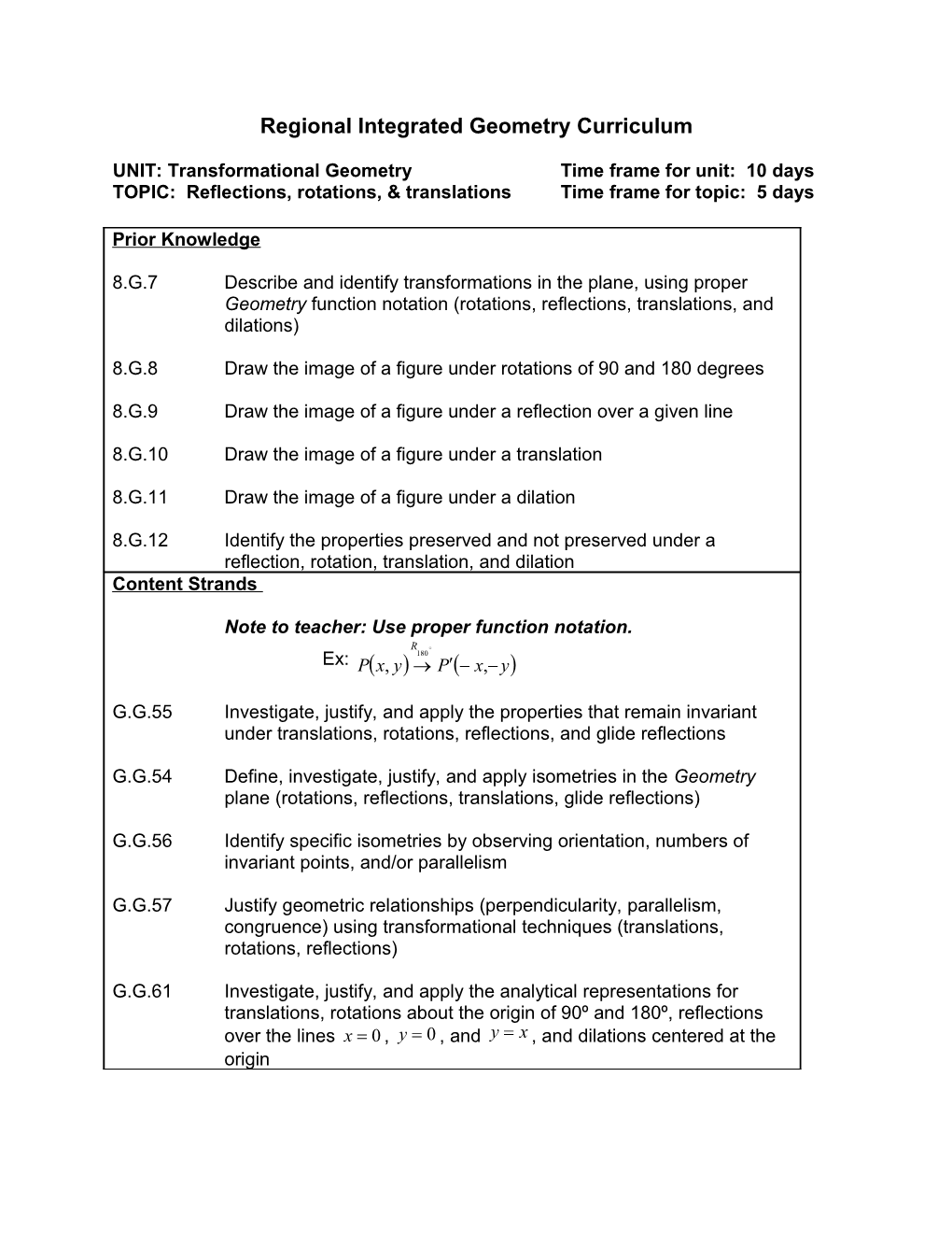 Regional Integrated Geometry Curriculum