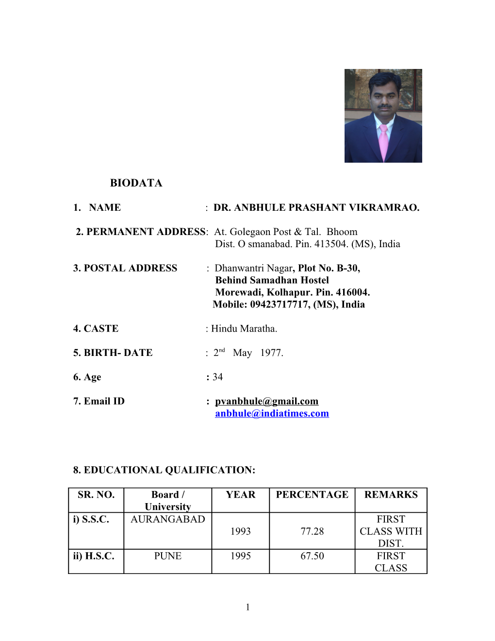 1. Name : Dr. Anbhule Prashant Vikramrao