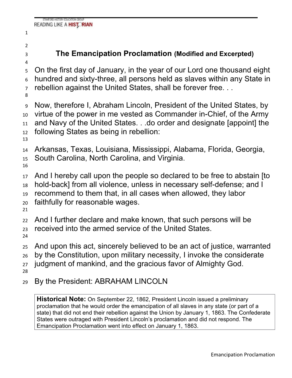 The Emancipation Proclamation (Modified and Excerpted)