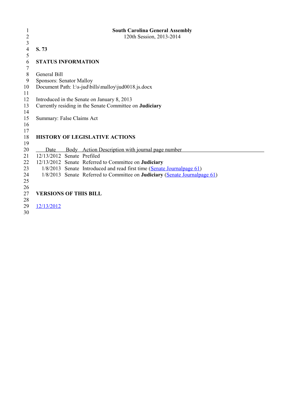 2013-2014 Bill 73: False Claims Act - South Carolina Legislature Online