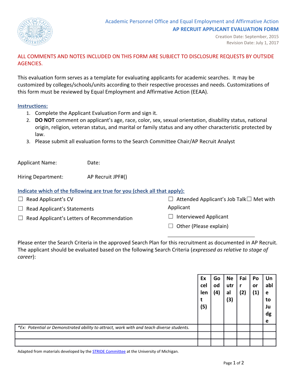 Ap Recruit Applicant Evaluation Form