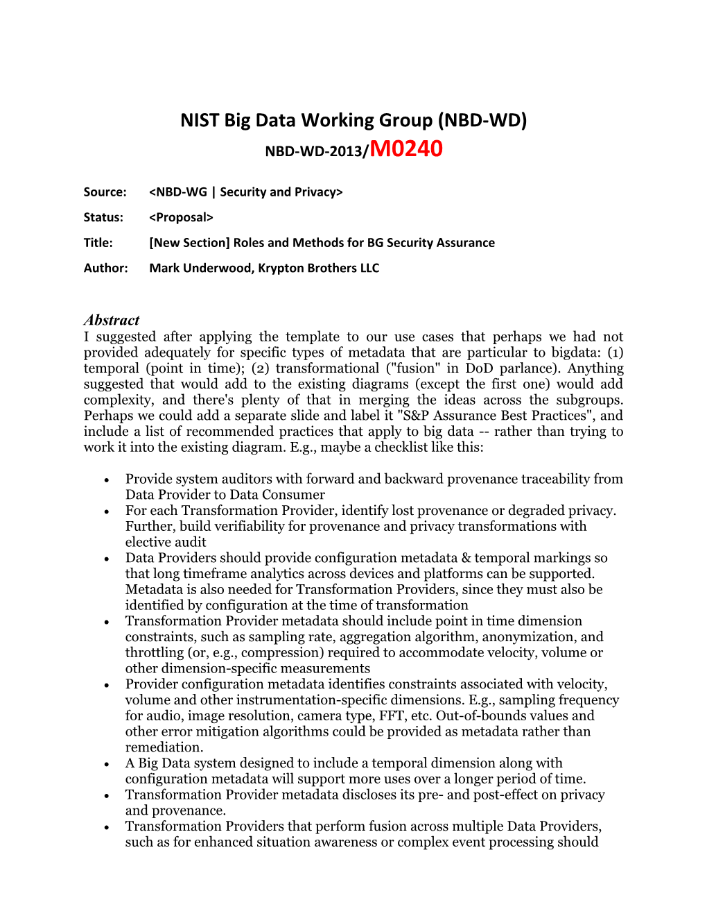 NIST Big Data Working Group (NBD-WD)