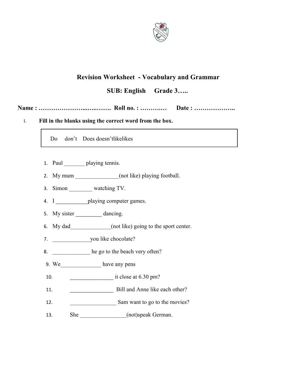 Revision Worksheet - Vocabulary and Grammar