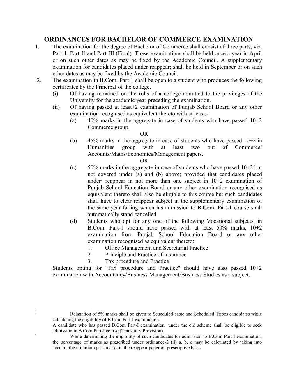 Ordinances for Bachelor of Commerce Examination