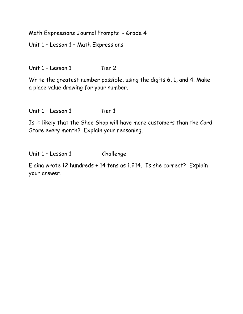 Math Expressions Journal Prompts - Grade 4