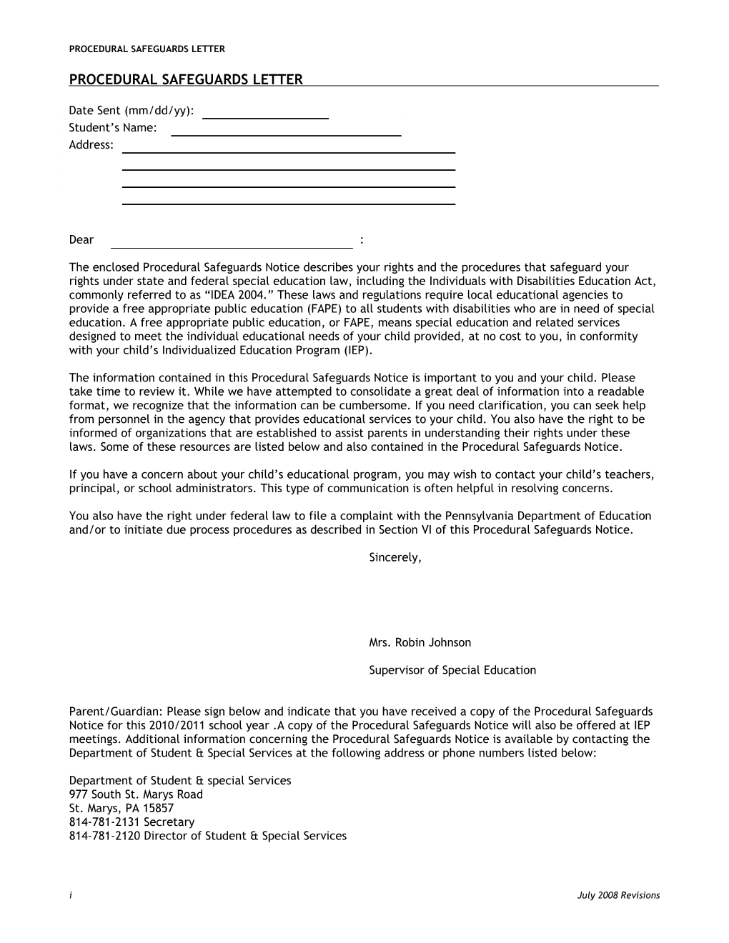 Procedural Safeguards Letter