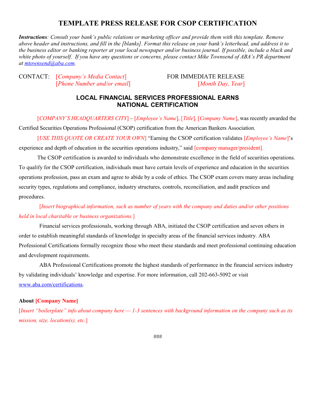 Template Press Release for Csop Certification