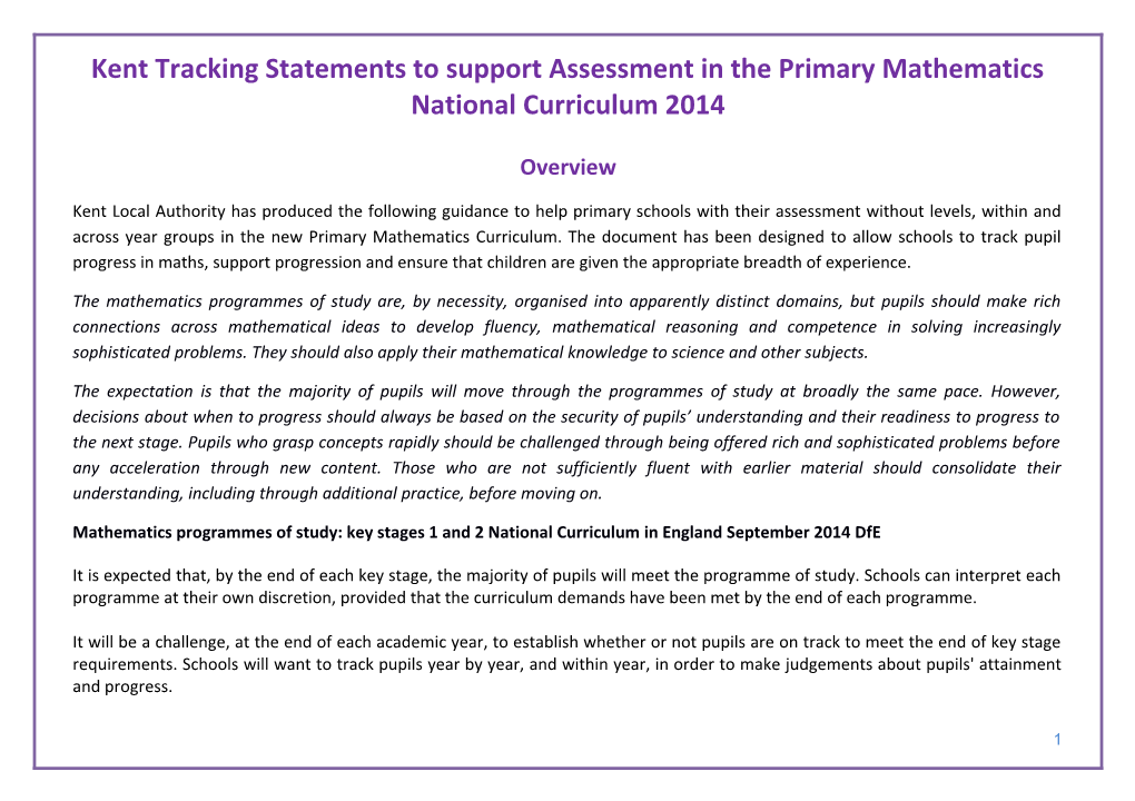 Kent Tracking Statements to Support Assessment in the Primary Mathematics National Curriculum