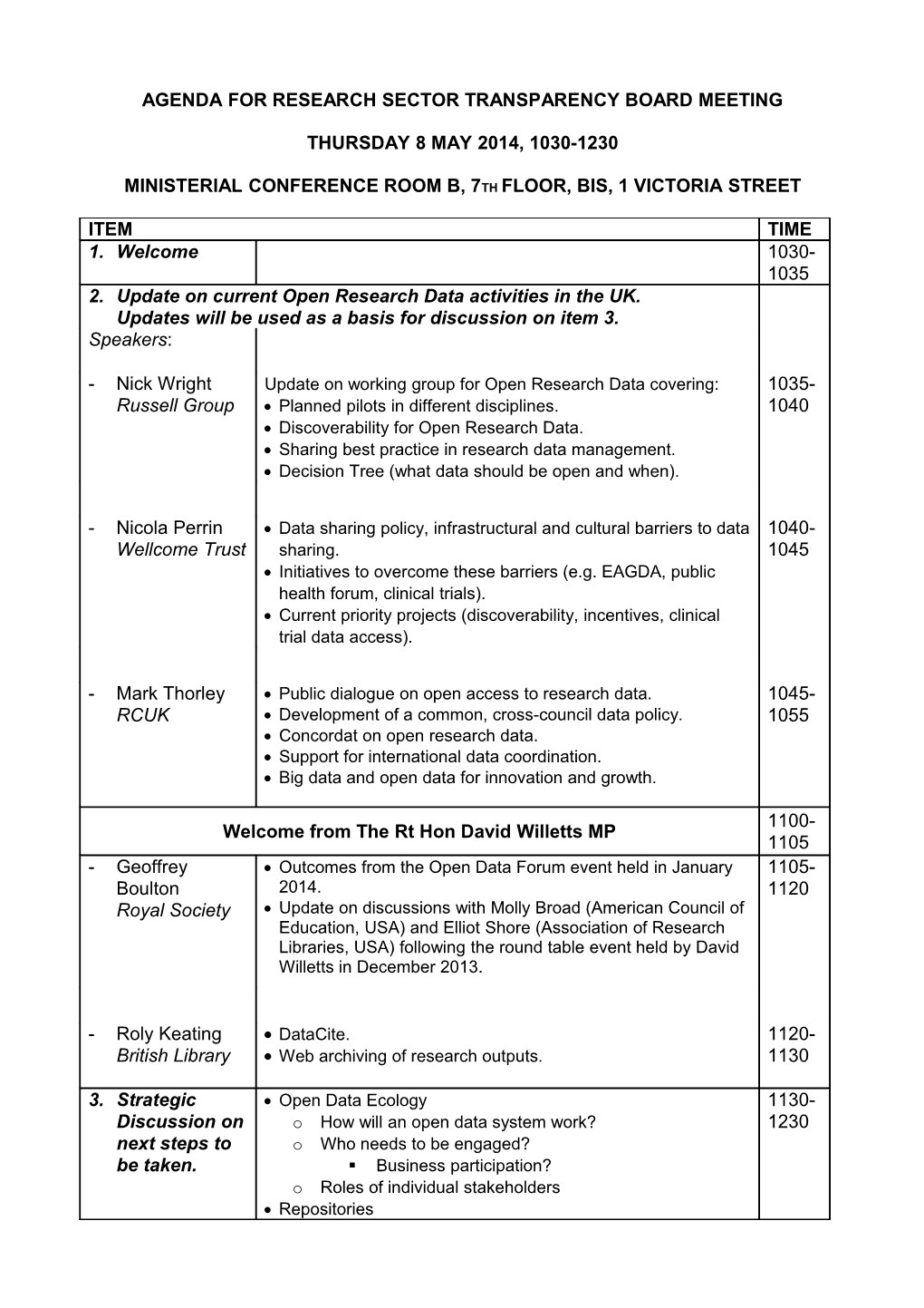 Proposed Agenda for Research Sector Transparency Board Meeting: 8 May 2014, 1030-1230