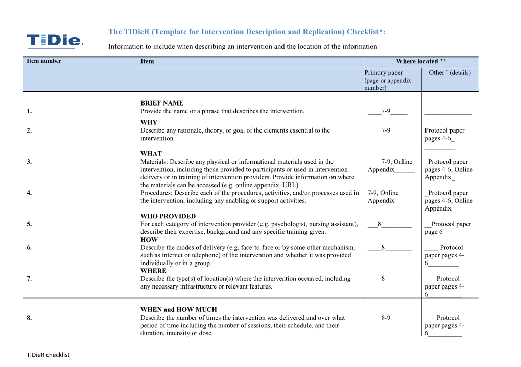 Information to Include When Describing an Intervention and the Location of the Information