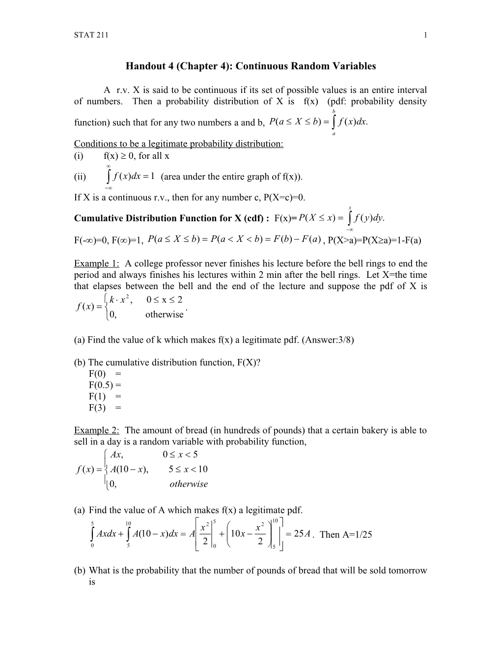 Handout 4 (Chapter 4): Continuous Random Variables