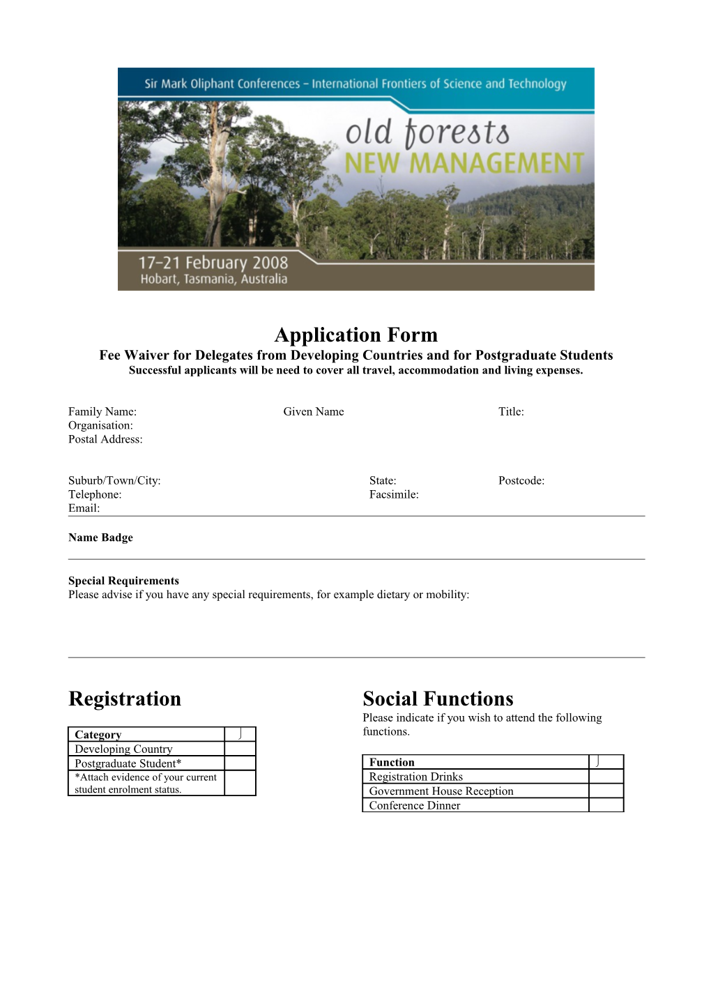 Application Form Fee Waiver for Delegates from Developing Countries and for Postgraduate