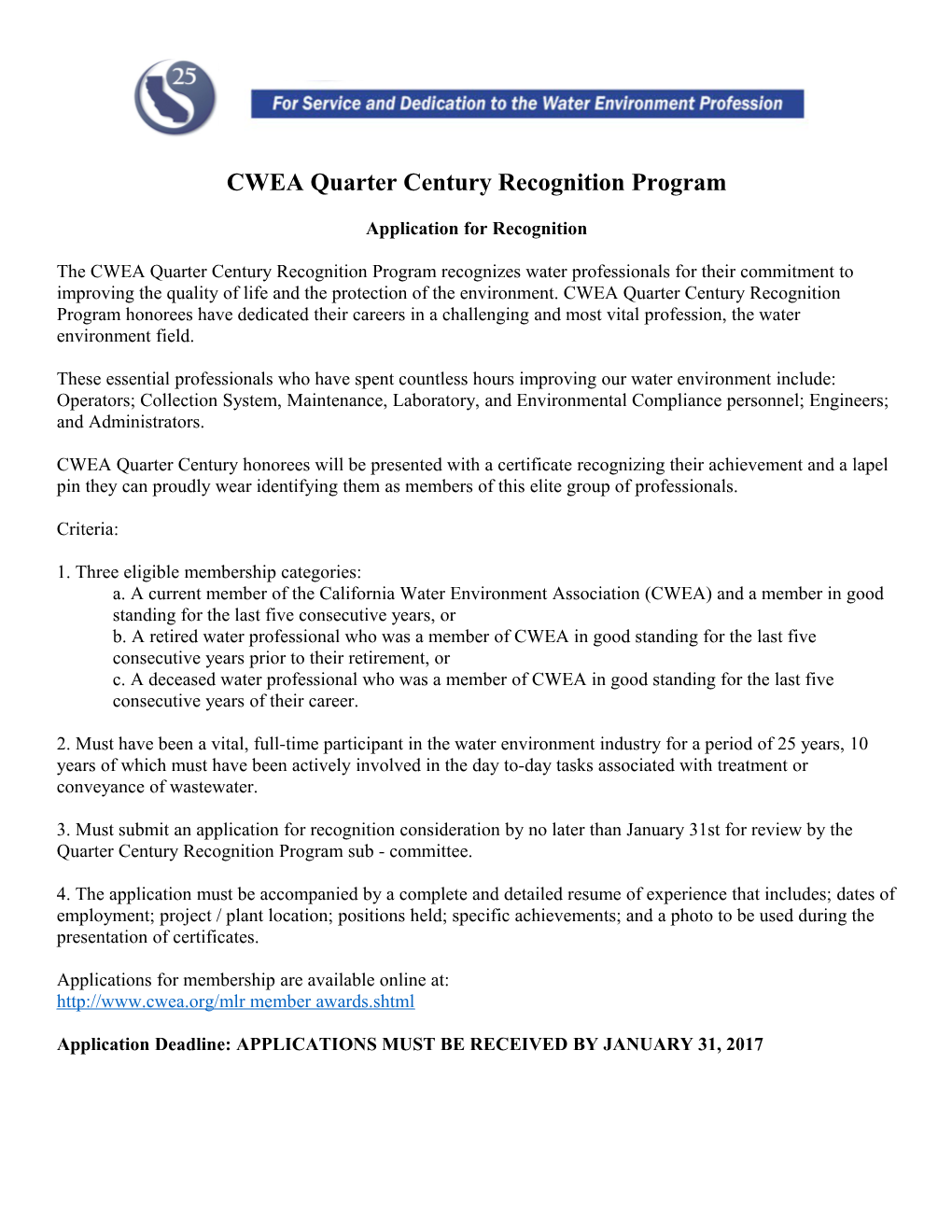 CWEA Quarter Century Recognition Program