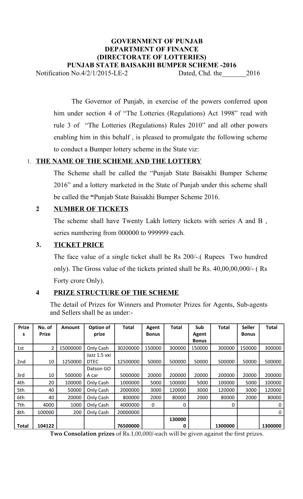 Punjab State Baisakhi Bumper Scheme -2016
