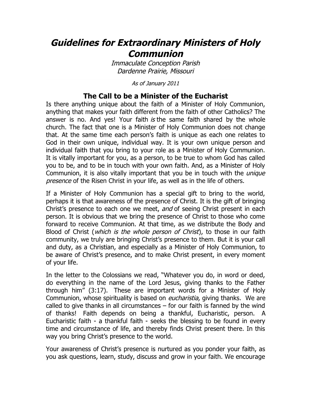 Guidelines for Extraordinary Ministers of Holy Communion