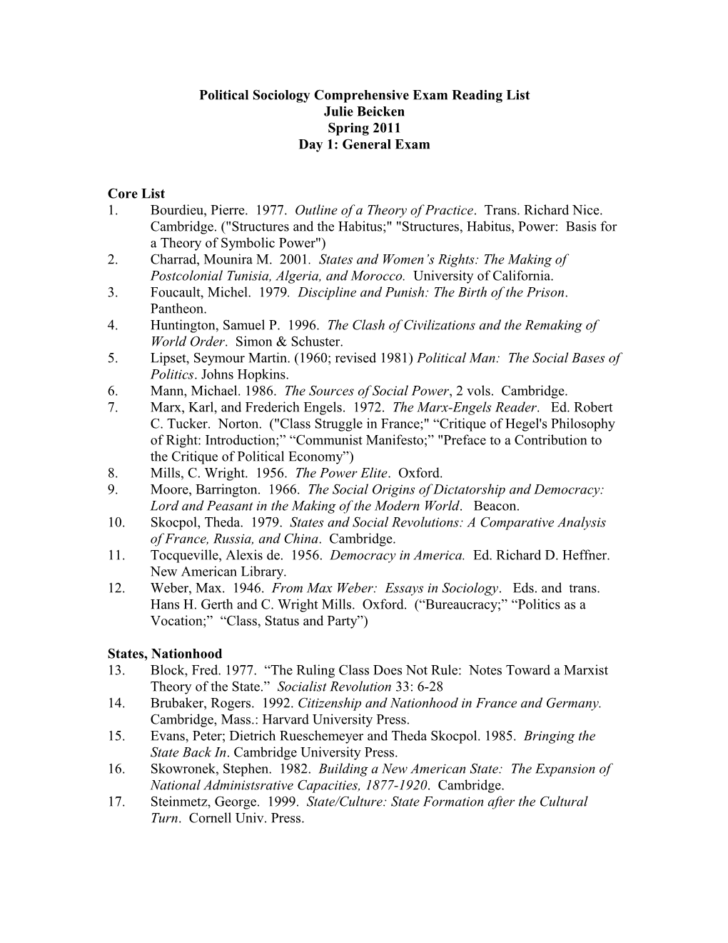 Political Sociology Comprehensive Exam Reading List