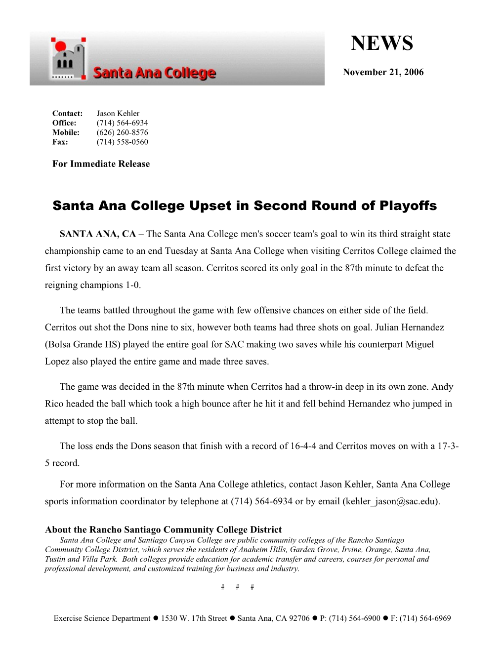 Santa Ana College Upset in Second Round of Playoffs