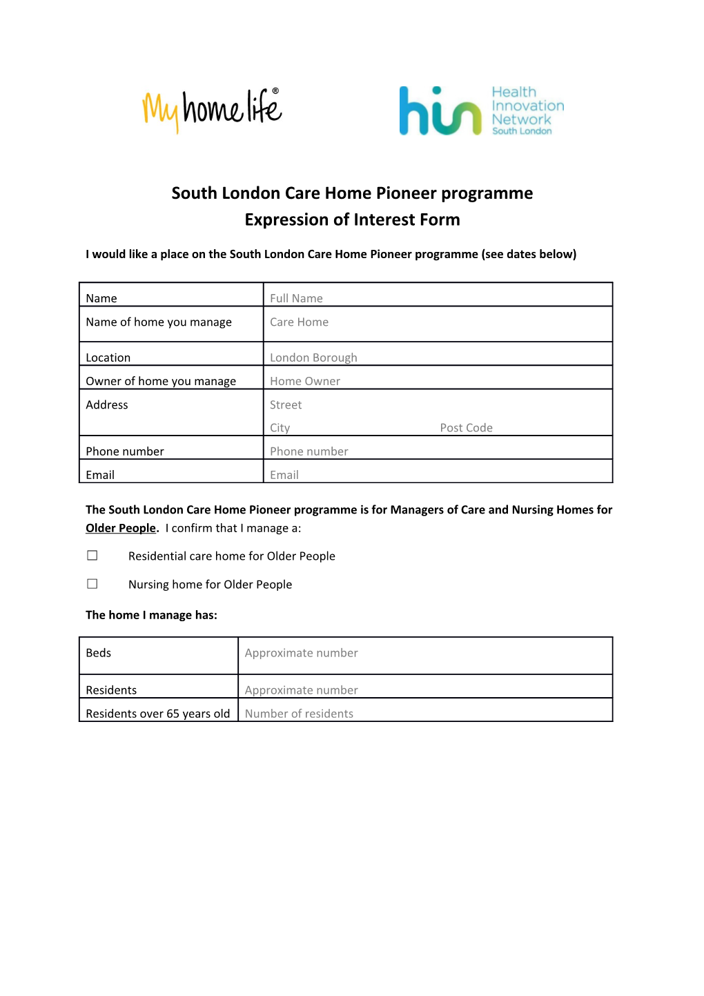 South London Care Home Pioneer Programme Expression of Interest Form