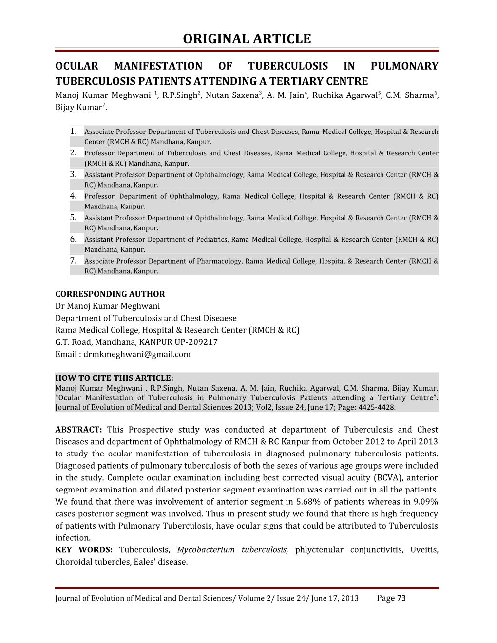 Ocular Manifestation of Tuberculosis in Pulmonary Tuberculosis Patients Attending a Tertiary