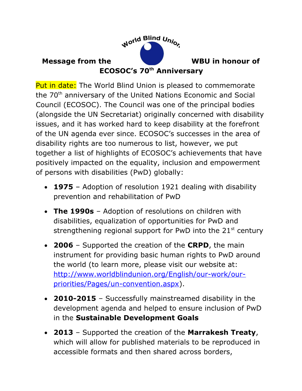 Message from the WBU in Honour of ECOSOC S 70Th Anniversary